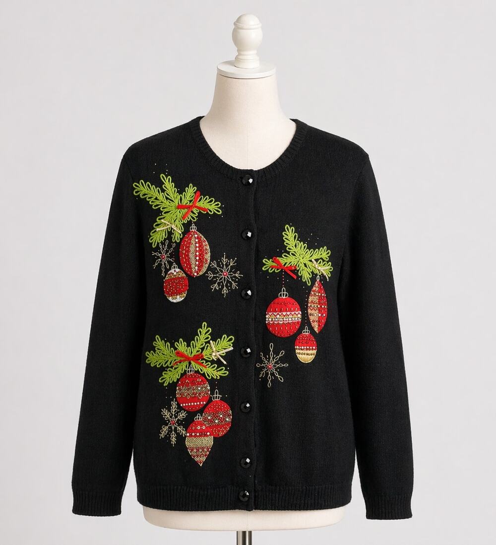 Holiday Black Sweater Festive Ornaments Christmas Sweater Cardigan Vintage Large
